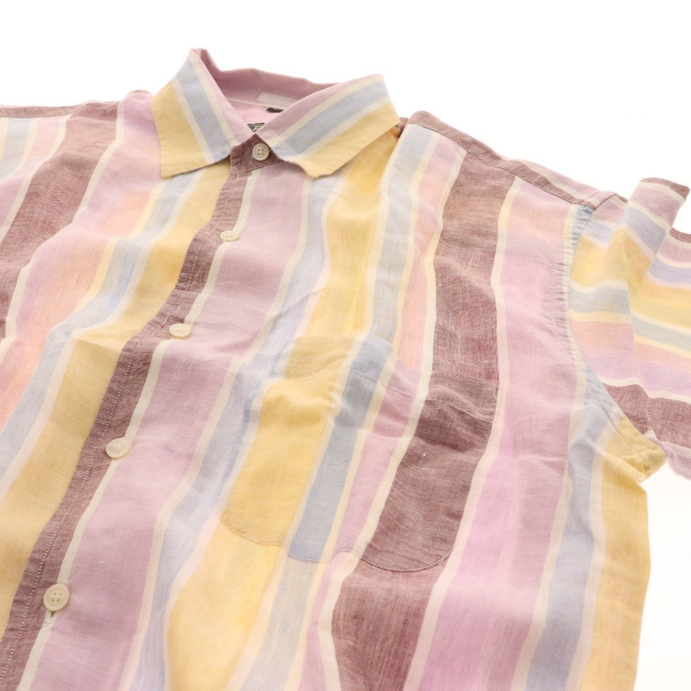 ■ Salvatore Ferragamo Shirt Short Sleeve Top Striped Linen 100% Men's M Pink Blue Yellow