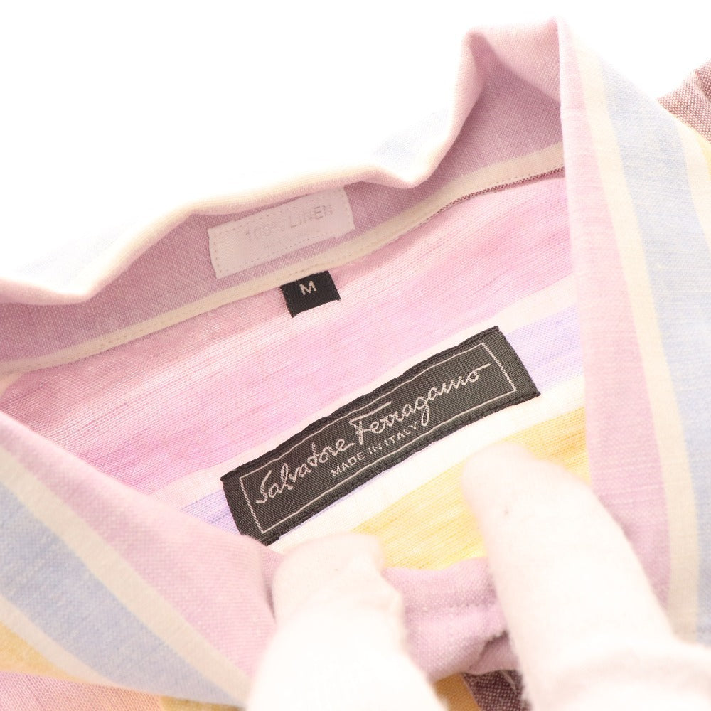 ■ Salvatore Ferragamo Shirt Short Sleeve Top Striped Linen 100% Men's M Pink Blue Yellow