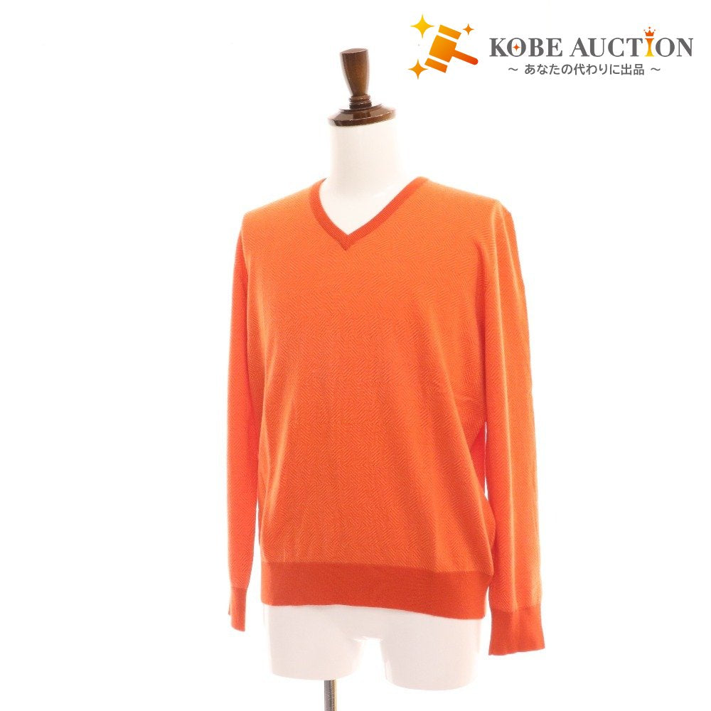 ■ Salvatore Ferragamo knit long sleeve top V-neck 100% wool men's M orange