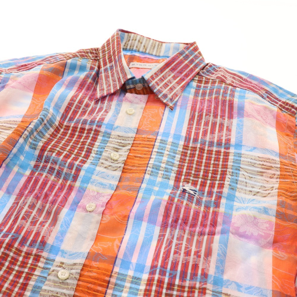 ■ Etro shirt, short sleeve, top, check, 100% cotton, men's, size 41, red, orange, blue