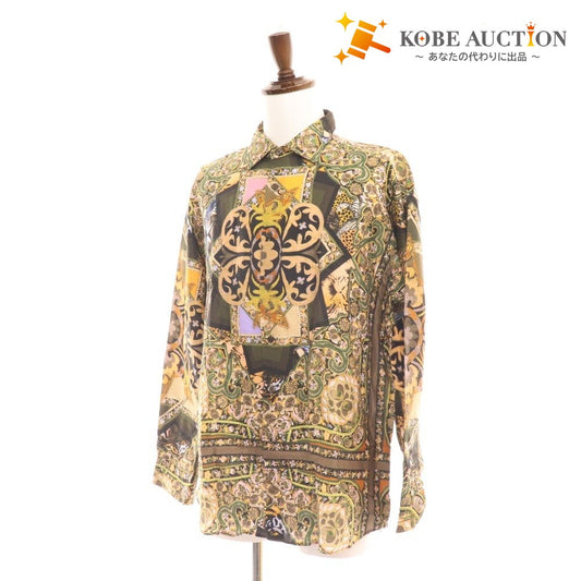 ■ Etro shirt, long sleeves, top, all-over pattern, 100% cotton, men's, XL, khaki, orange