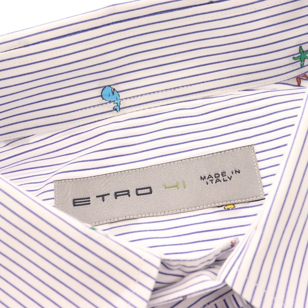 ■ Etro shirt, long sleeves, top, stripes, whale, seahorse, 100% cotton, men's, size 41, white, navy