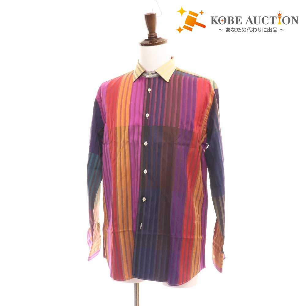 ■ Etro shirt, long sleeves, top, striped, 100% cotton, men's, size 41, purple, orange, red, brown