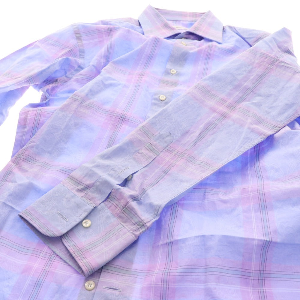 ■ Etro shirt, long sleeves, top, check, 100% cotton, men's, size 42, blue, purple