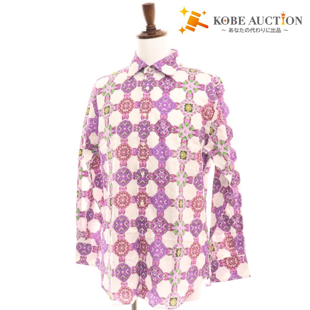 ■ Etro shirt, long sleeves, top, all-over pattern, 100% cotton, men's, size 42, white, purple