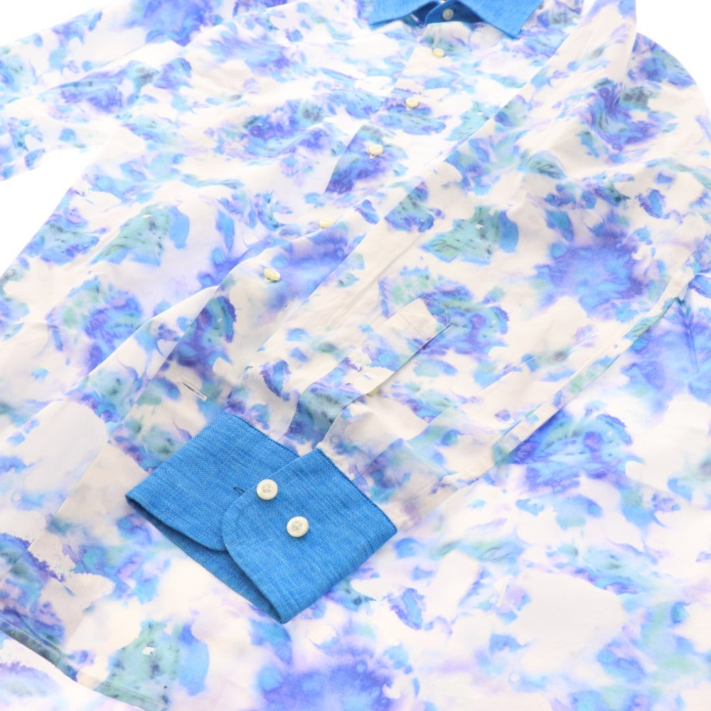 ■ Etro shirt, long sleeves, top, all-over pattern, 100% cotton, men's, size 41, white, blue