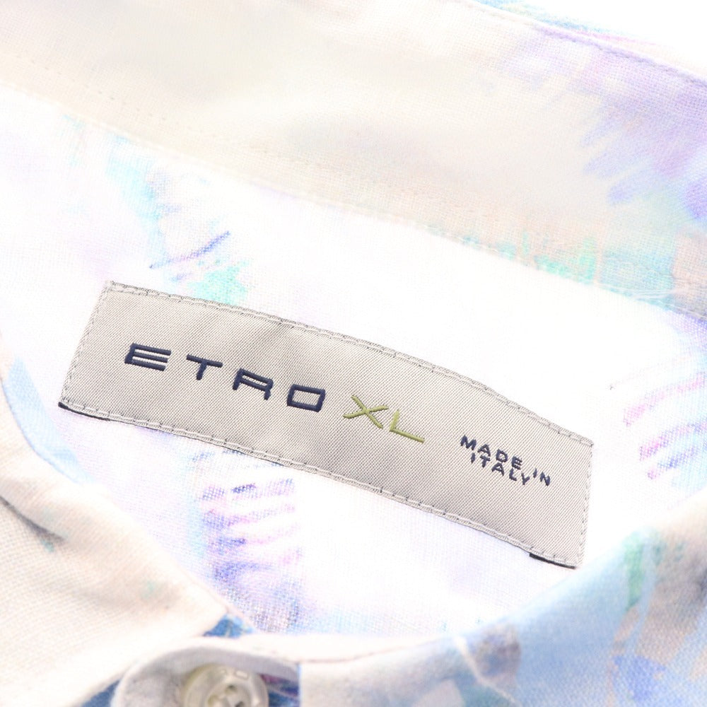 ■ Etro shirt, long sleeves, top, botanical pattern, all-over pattern, 100% linen, men's, XL, white, blue