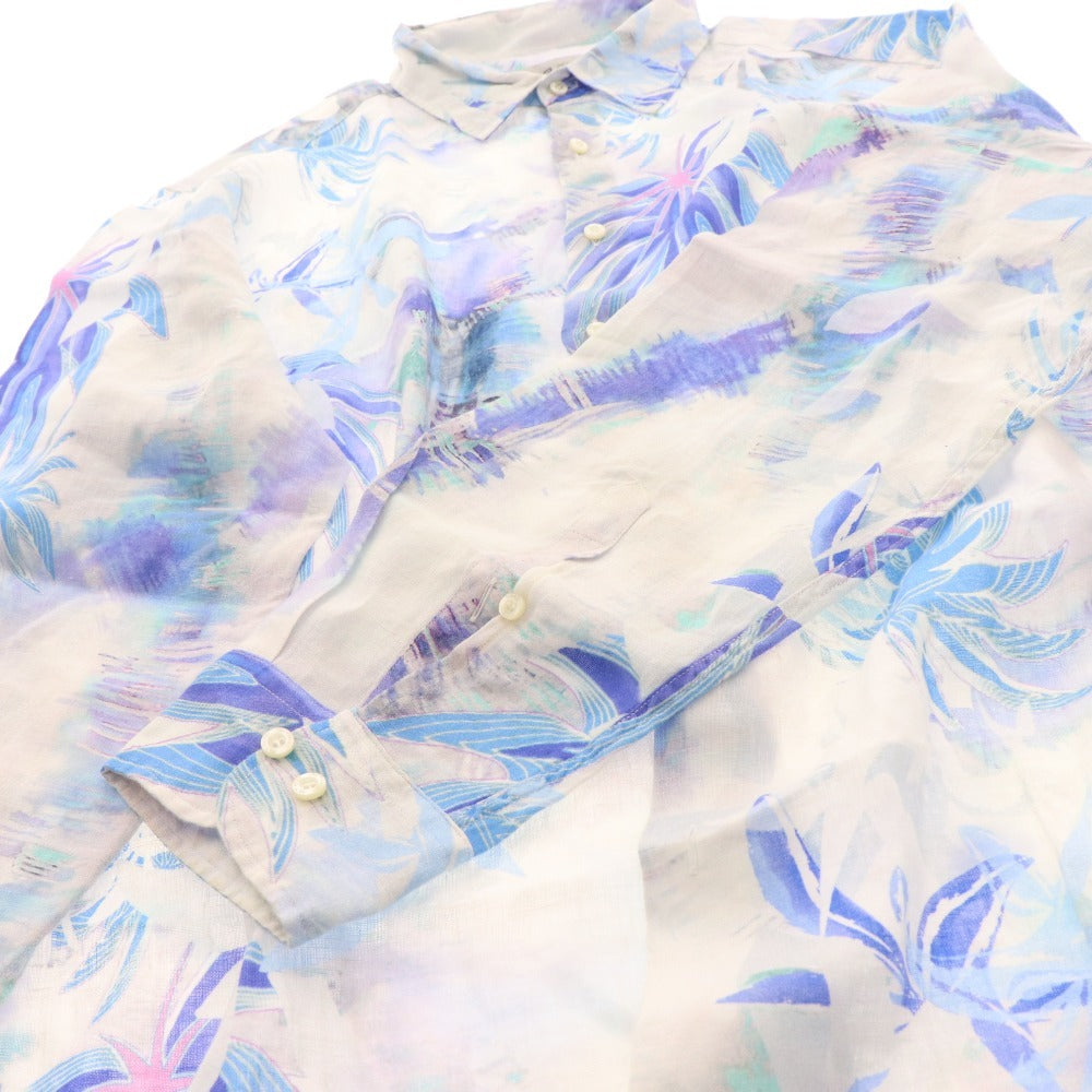 ■ Etro shirt, long sleeves, top, botanical pattern, all-over pattern, 100% linen, men's, XL, white, blue