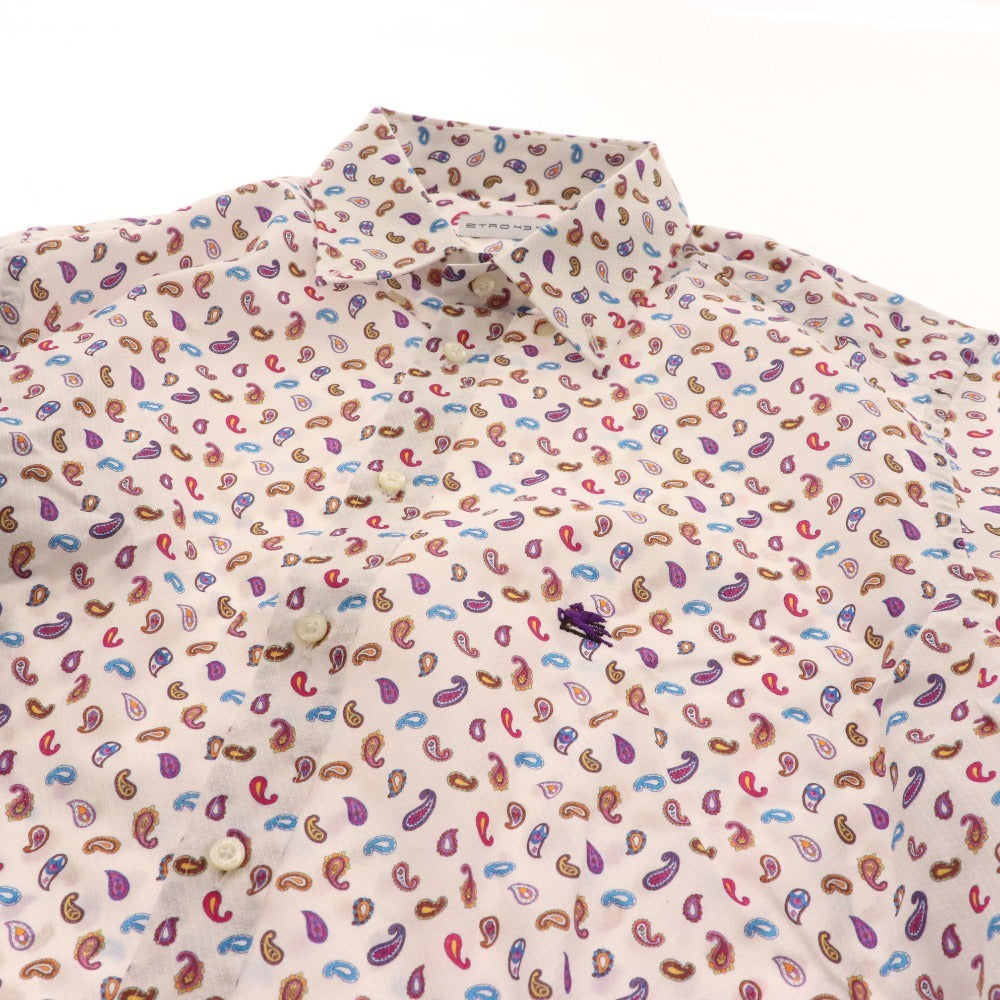 ■ Etro shirt, short sleeves, top, paisley pattern, all-over pattern, 100% cotton, men's, size 43, white, colorful