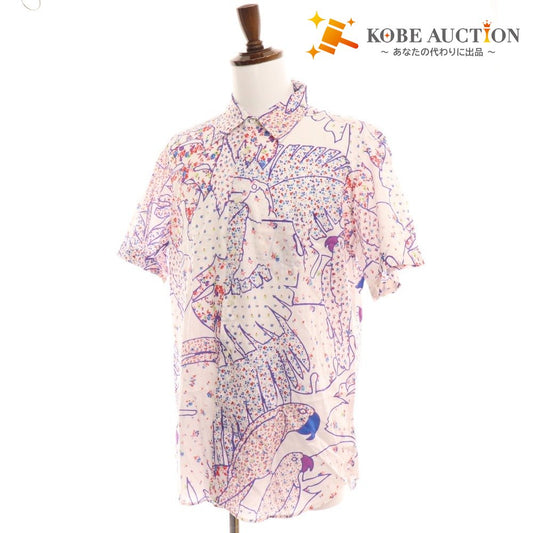 ■ Etro shirt, short sleeves, top, all-over pattern, bird, 100% cotton, men's, XL, white, purple, red