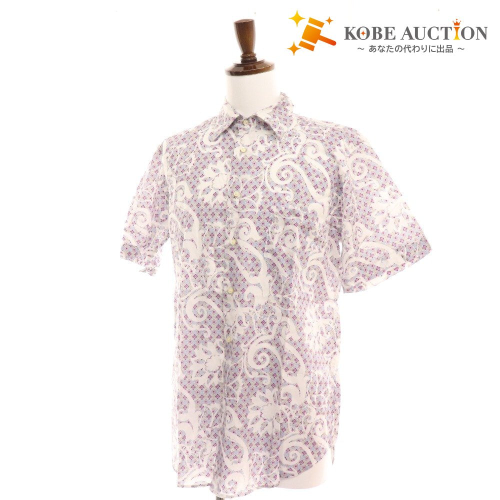 ■ Etro shirt, short sleeves, top, all-over pattern, 100% cotton, men's, L, white, purple