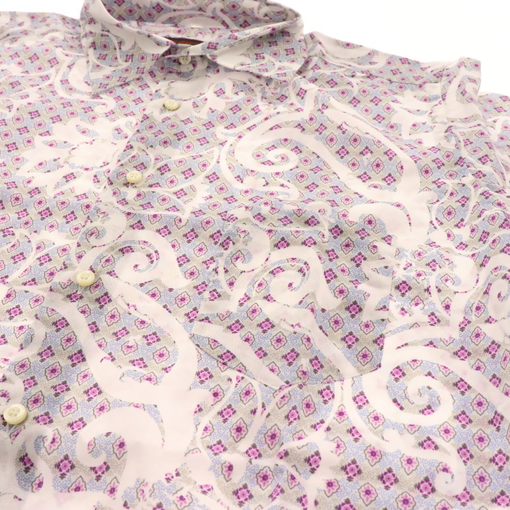 ■ Etro shirt, short sleeves, top, all-over pattern, 100% cotton, men's, L, white, purple