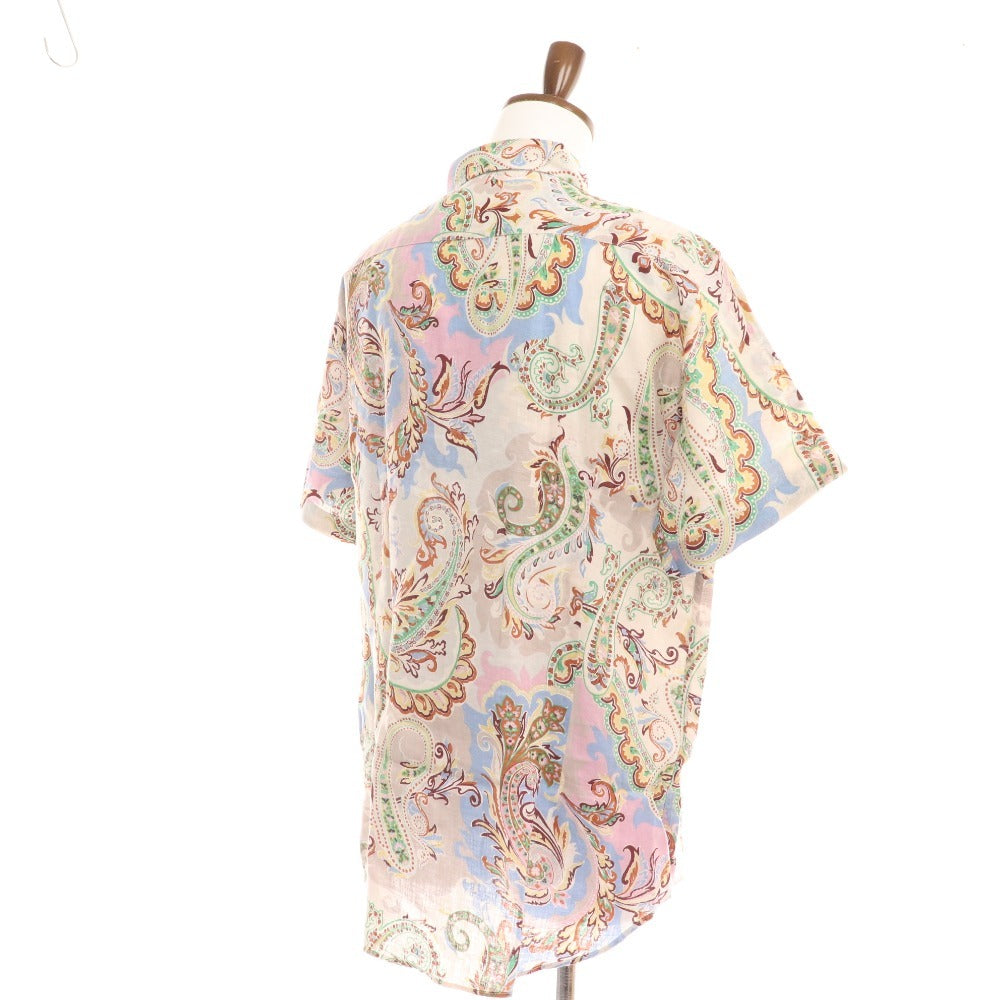 ■ Etro shirt, short sleeves, top, paisley pattern, all-over pattern, 100% linen, men's, XL, white, blue, pink