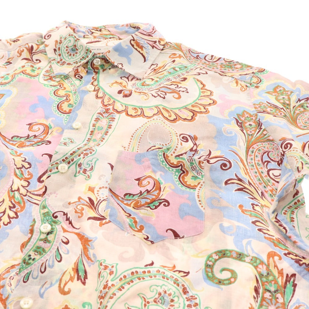 ■ Etro shirt, short sleeves, top, paisley pattern, all-over pattern, 100% linen, men's, XL, white, blue, pink