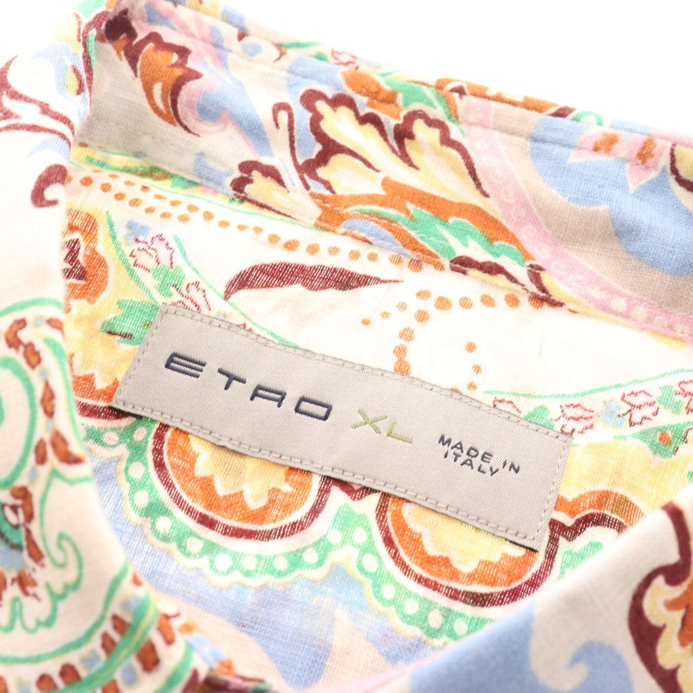 ■ Etro shirt, short sleeves, top, paisley pattern, all-over pattern, 100% linen, men's, XL, white, blue, pink