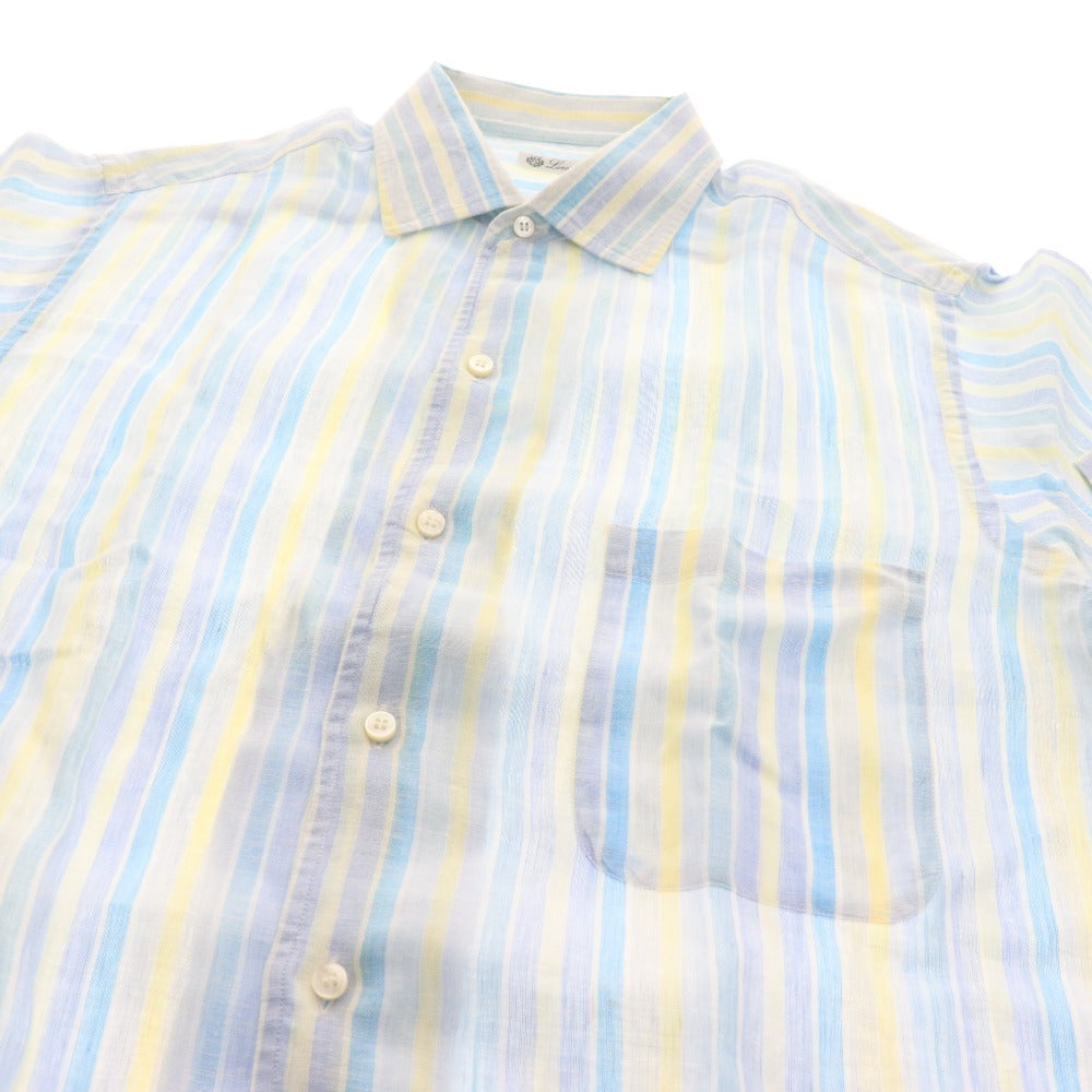 ■ Loro Piana Shirt, Short Sleeve Top, Striped, 100% Linen, Men's, Medium, Blue