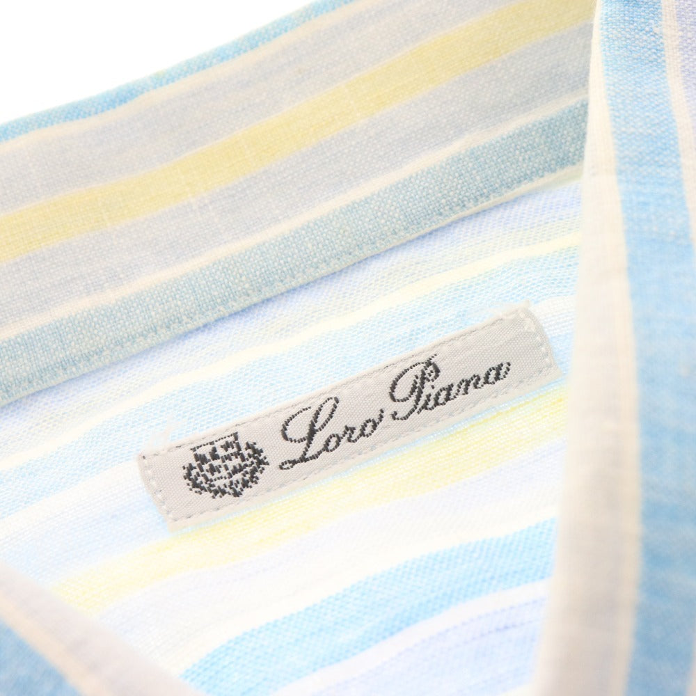 ■ Loro Piana Shirt, Short Sleeve Top, Striped, 100% Linen, Men's, Medium, Blue