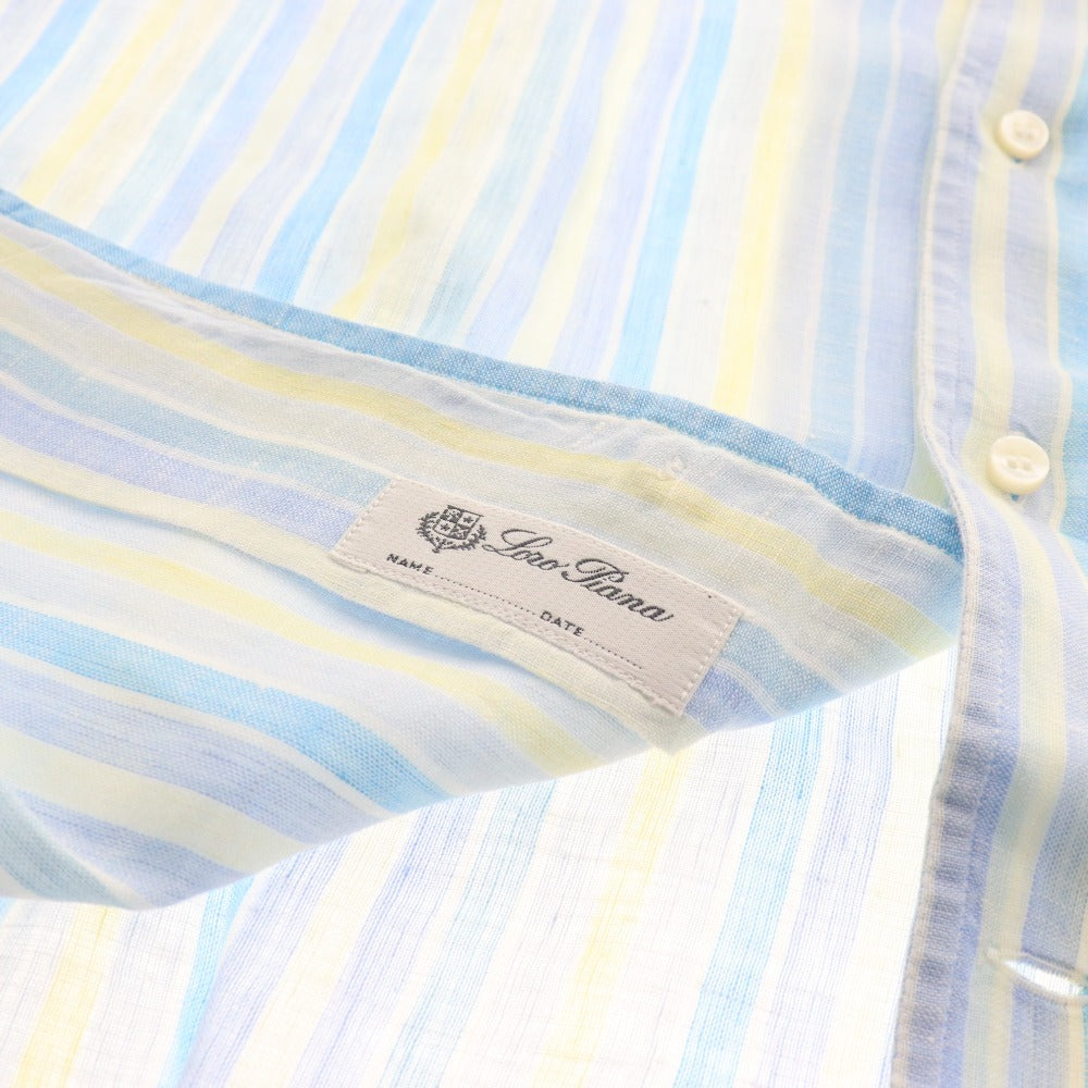 ■ Loro Piana Shirt, Short Sleeve Top, Striped, 100% Linen, Men's, Medium, Blue