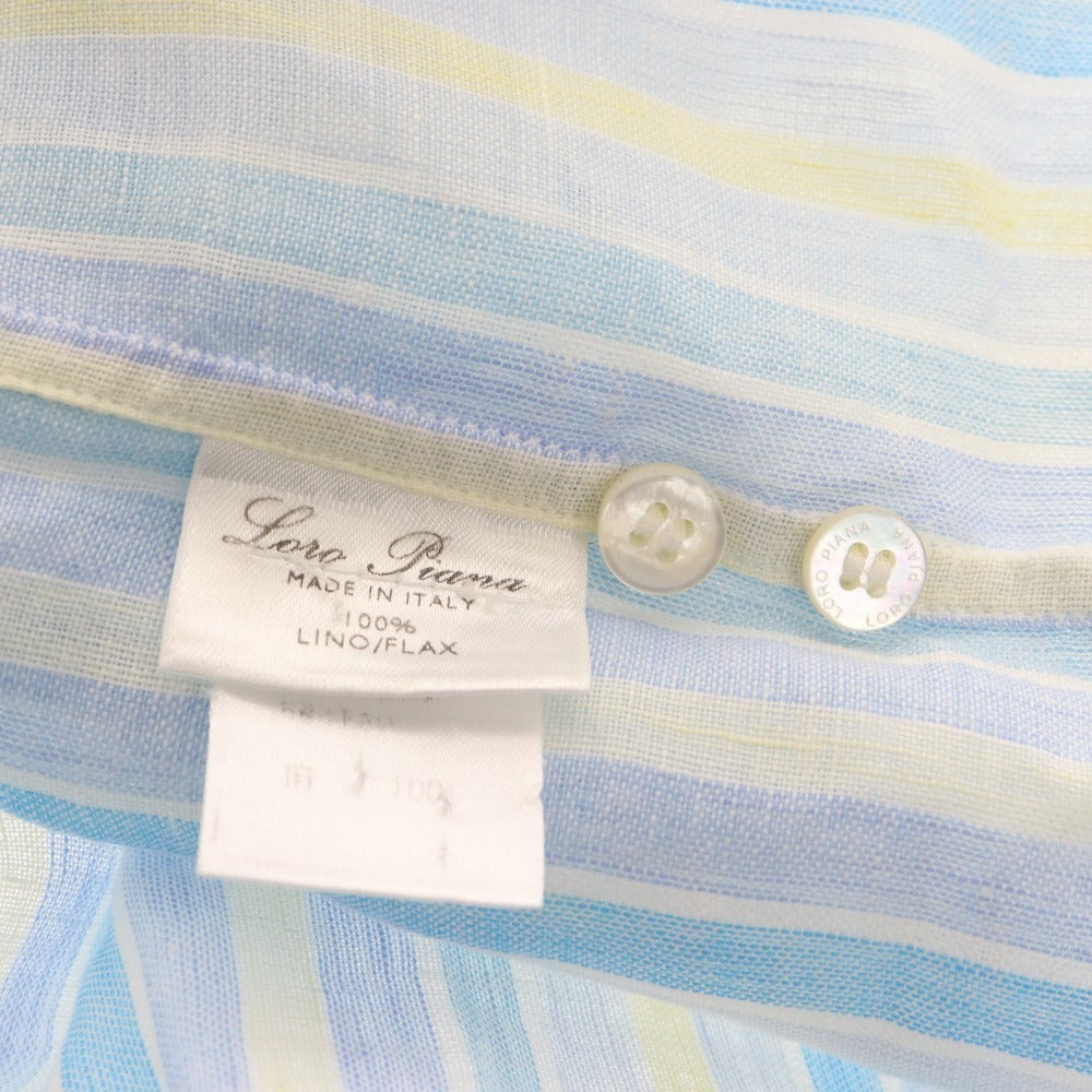 ■ Loro Piana Shirt, Short Sleeve Top, Striped, 100% Linen, Men's, Medium, Blue