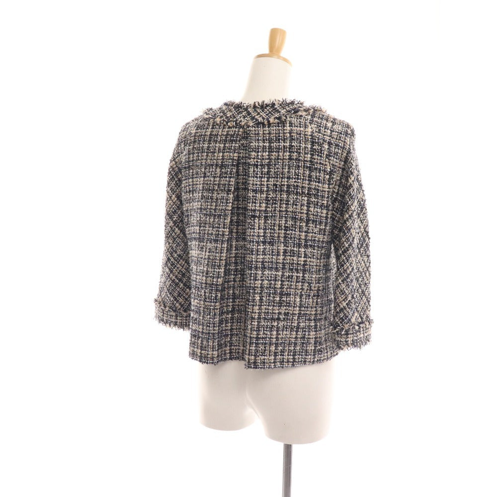 ■ Grace Class Jacket Tops Tweed Beads Women's Size 36 Navy Beige