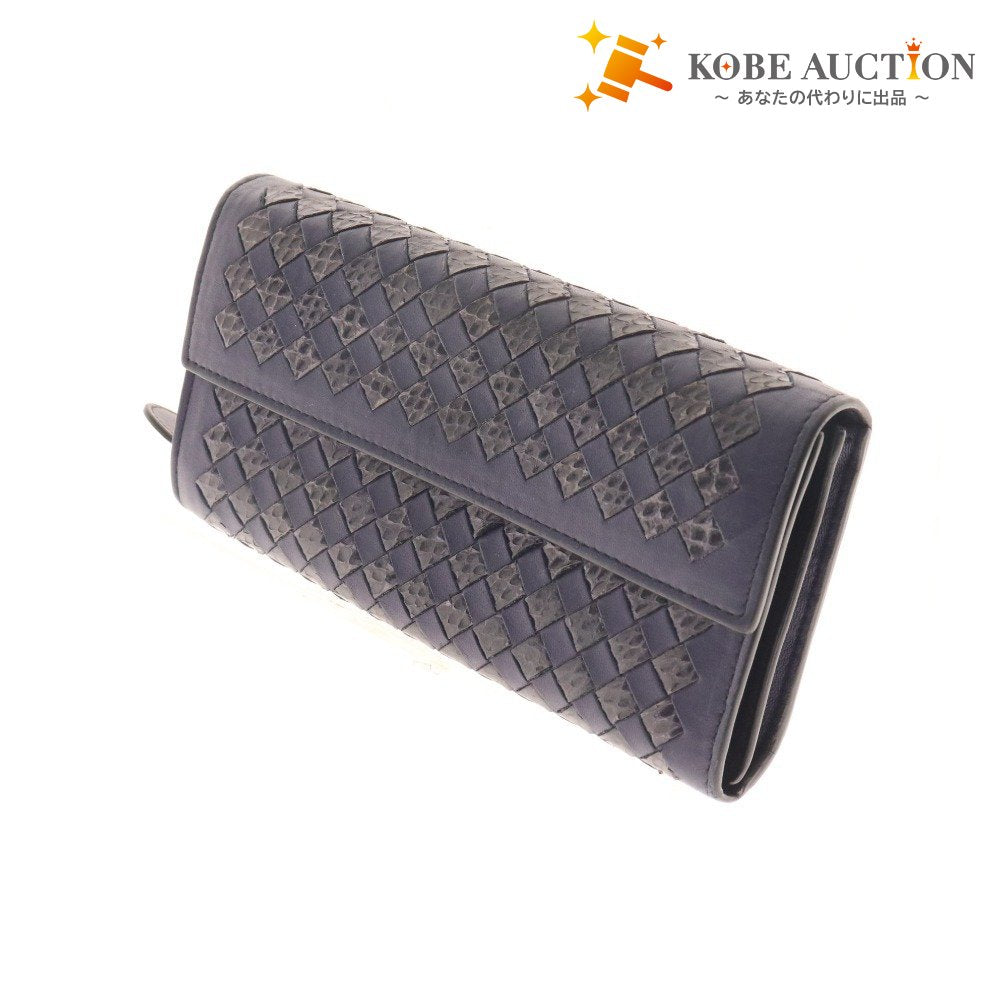 ■ ボッテガヴェネタ 二つ折り長財布 ウォレット イントレチャート ラウンドファスナー ユニセックス ブルー 付属品付き