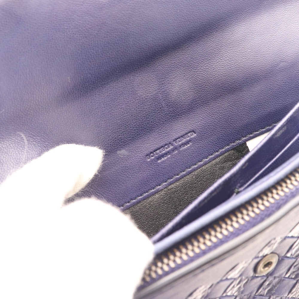 ■ ボッテガヴェネタ 二つ折り長財布 ウォレット イントレチャート ラウンドファスナー ユニセックス ブルー 付属品付き