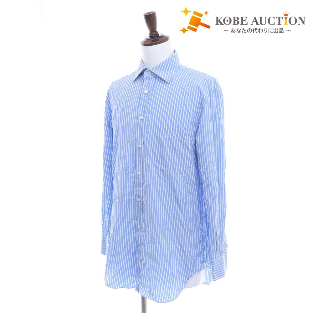 ■ ErmenegildoZegna エルメネジルドゼニア シャツ 長袖 トップス ストライプ ボタン スペイン産 メンズ 40 ライトブルー ホワイト