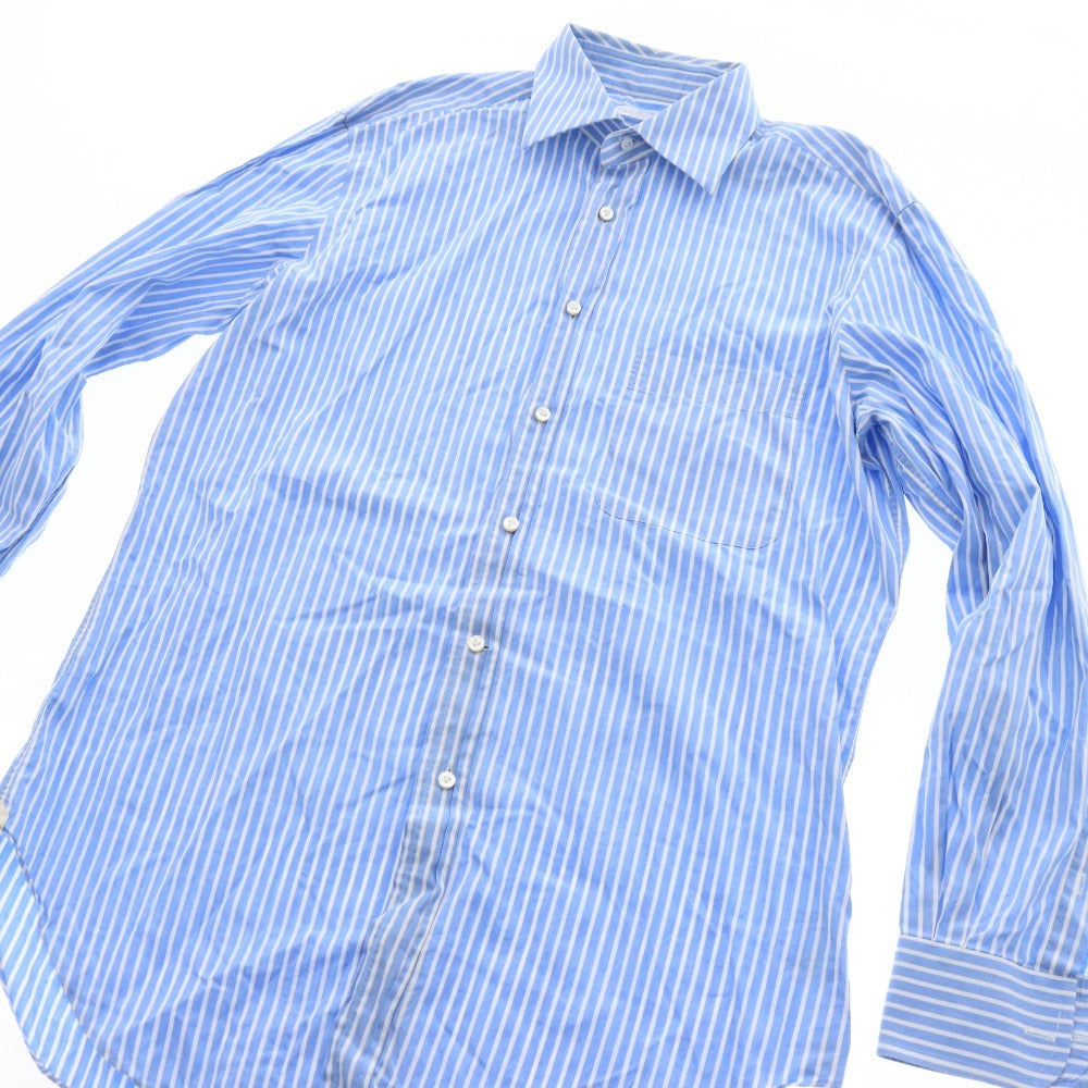 ■ ErmenegildoZegna エルメネジルドゼニア シャツ 長袖 トップス ストライプ ボタン スペイン産 メンズ 40 ライトブルー ホワイト
