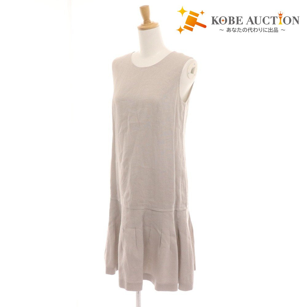 ■ フォクシー ワンピース ノースリーブ ひざ丈 トップス ボトムス リネン 切り替え レース レディース 40 ライトグレー 付属品付き