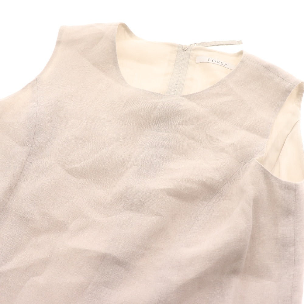 ■ フォクシー ワンピース ノースリーブ ひざ丈 トップス ボトムス リネン 切り替え レース レディース 40 ライトグレー 付属品付き