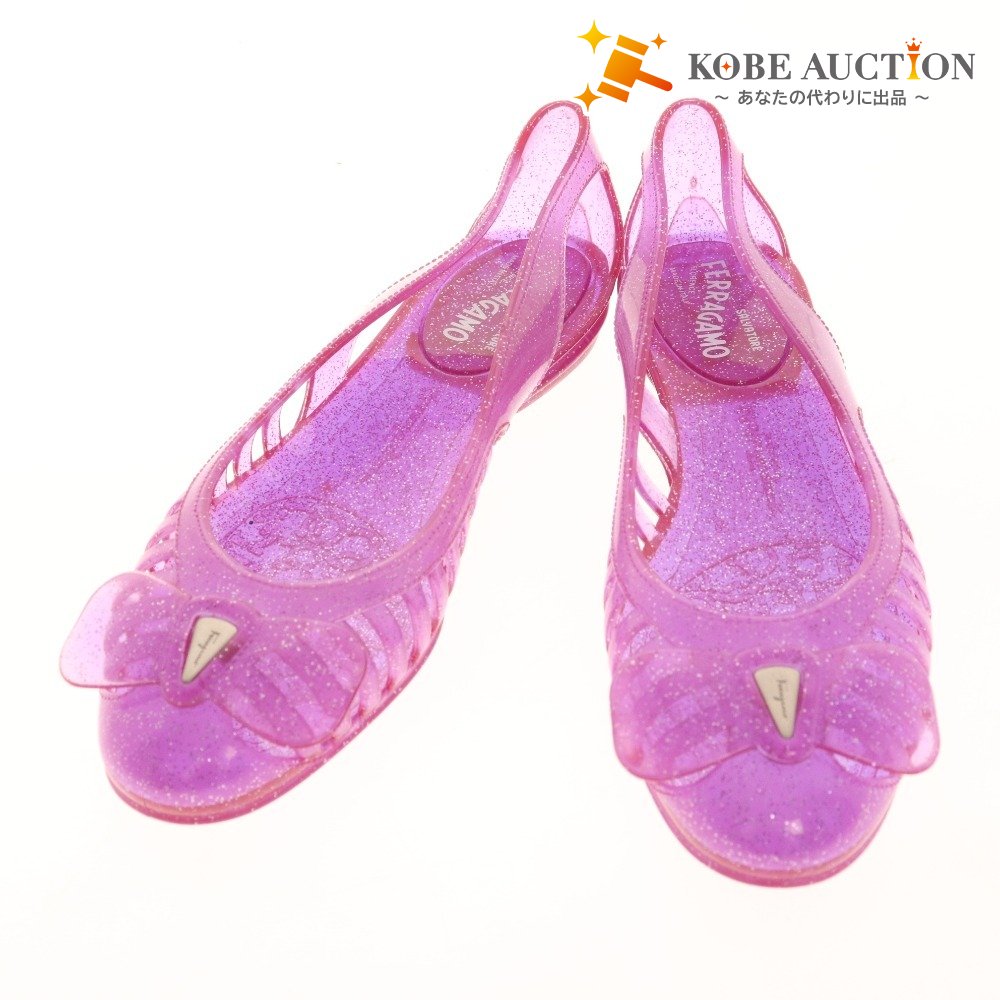 ■ サルヴァトーレフェラガモ ラバーシューズ パンプス 靴 リボン ロゴ レディース 5 パープル 袋付き 未使用