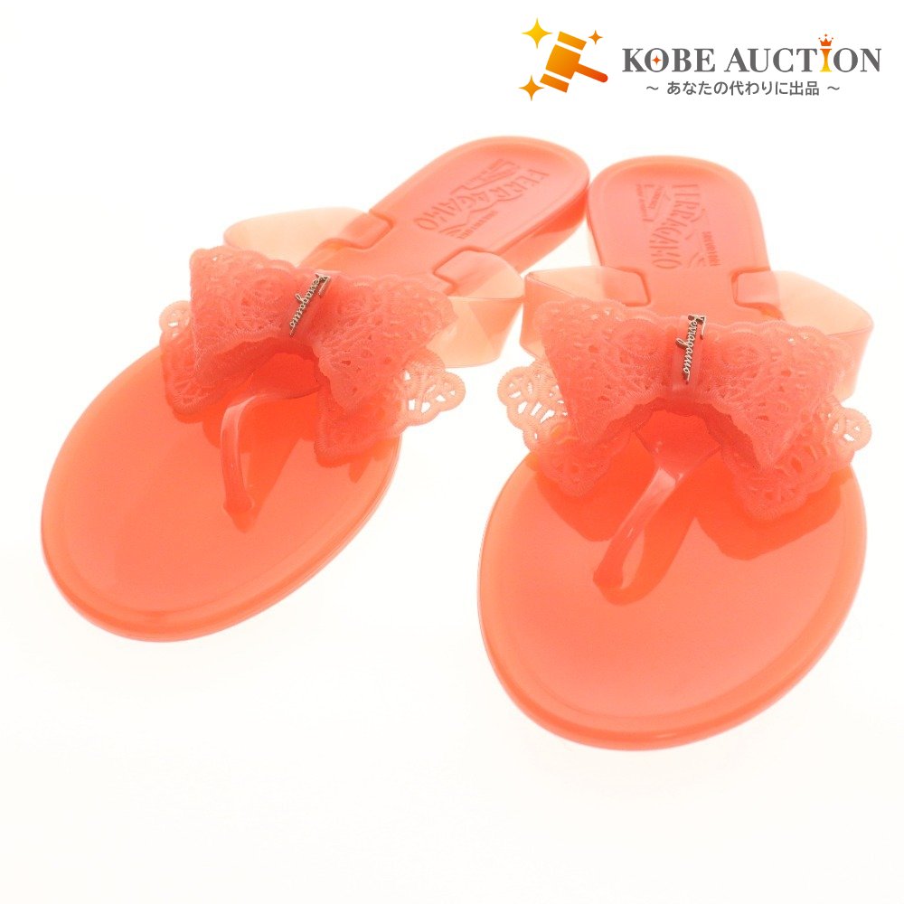 ■ サルヴァトーレフェラガモ トングサンダル ラバーシューズ 靴 リボン ロゴ レディース 6 ピンク 袋付き