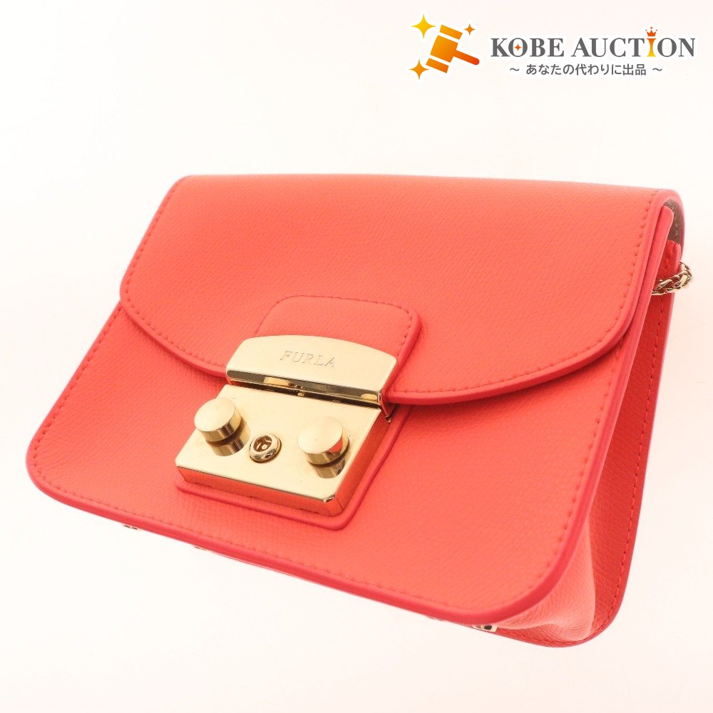 ■ フルラ ミニショルダー バッグ 鞄 メトロポリス レザーチェーン レディース オレンジ系 ピンク系 袋付き 未使用