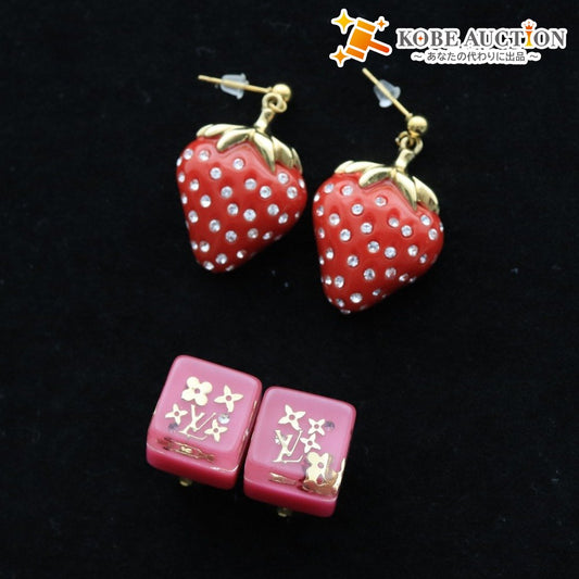 ■ ルイヴィトン イヤリング ピアス 2点セット カスタム 1点モノ イチゴ モノグラム ゴールド レッド ピンク レディース カスタマイズ