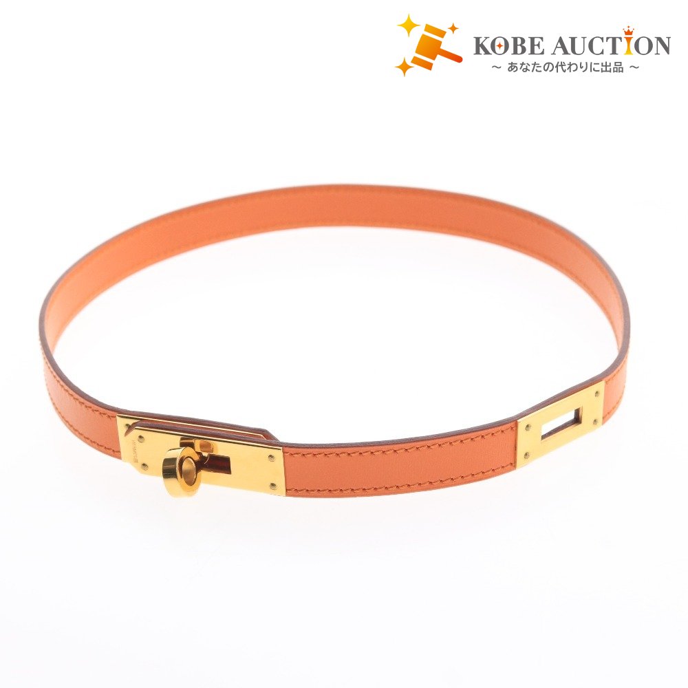 ■ エルメス レザー バングル ドゥブルトゥール ケリー F刻印 2002年 25g レディース オレンジ ゴールド 袋付き