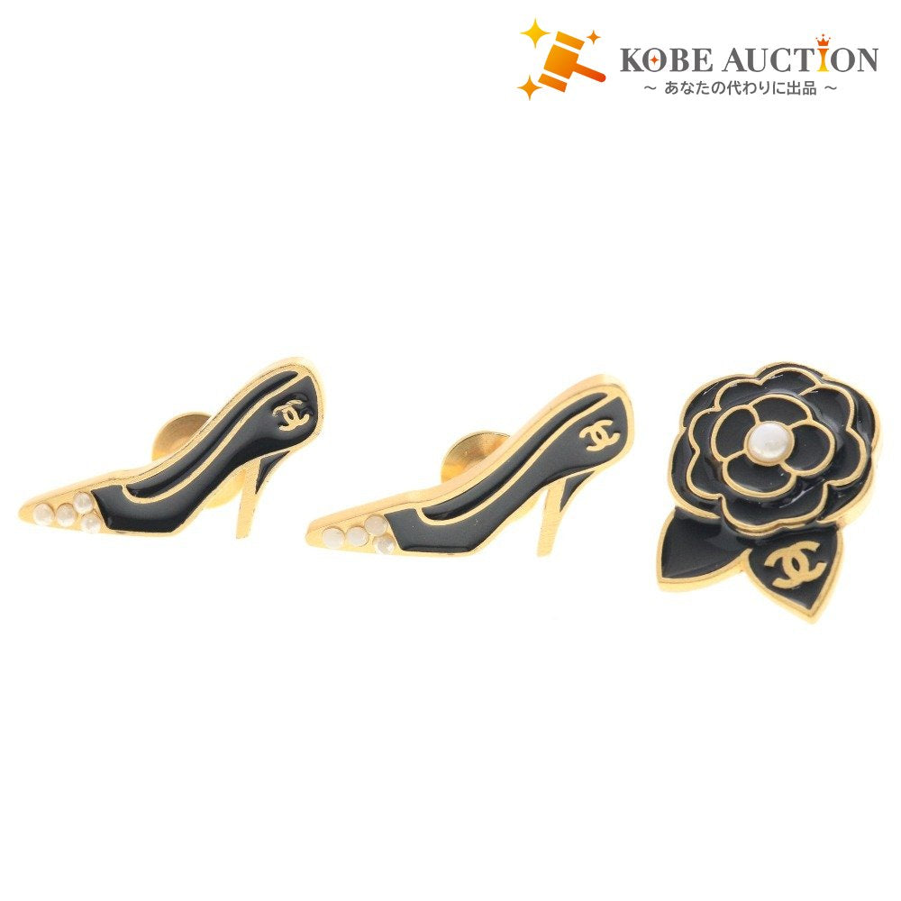 ■ シャネル ブローチ 3点セット まとめ売り カメリア 花 ヒール パンプス パール ココマーク 総重量20g ゴールド ブラック 付属品付き