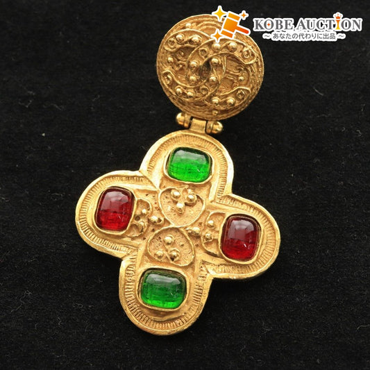 ■ シャネル カラーストーン ブローチ ヴィンテージ ココマーク 全長 6.5 重量 22g ゴールド レッド グリーン 付属品付き