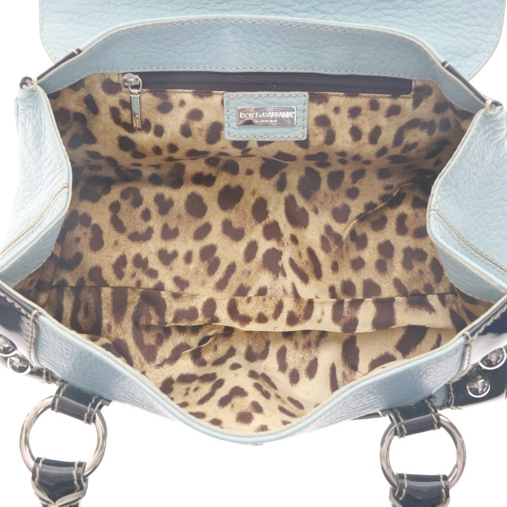 ■ DOLCE＆GABBANA ドルチェ&ガッバーナ ハンドバッグ 鞄 シルバー金具 マグネット 裏ヒョウ柄 レディース ライトブルー ブラック 袋付き