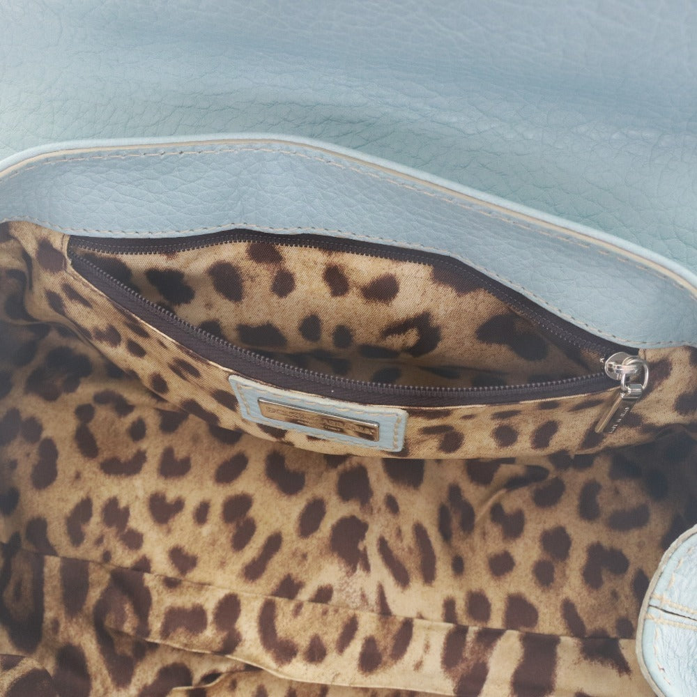 ■ DOLCE＆GABBANA ドルチェ&ガッバーナ ハンドバッグ 鞄 シルバー金具 マグネット 裏ヒョウ柄 レディース ライトブルー ブラック 袋付き