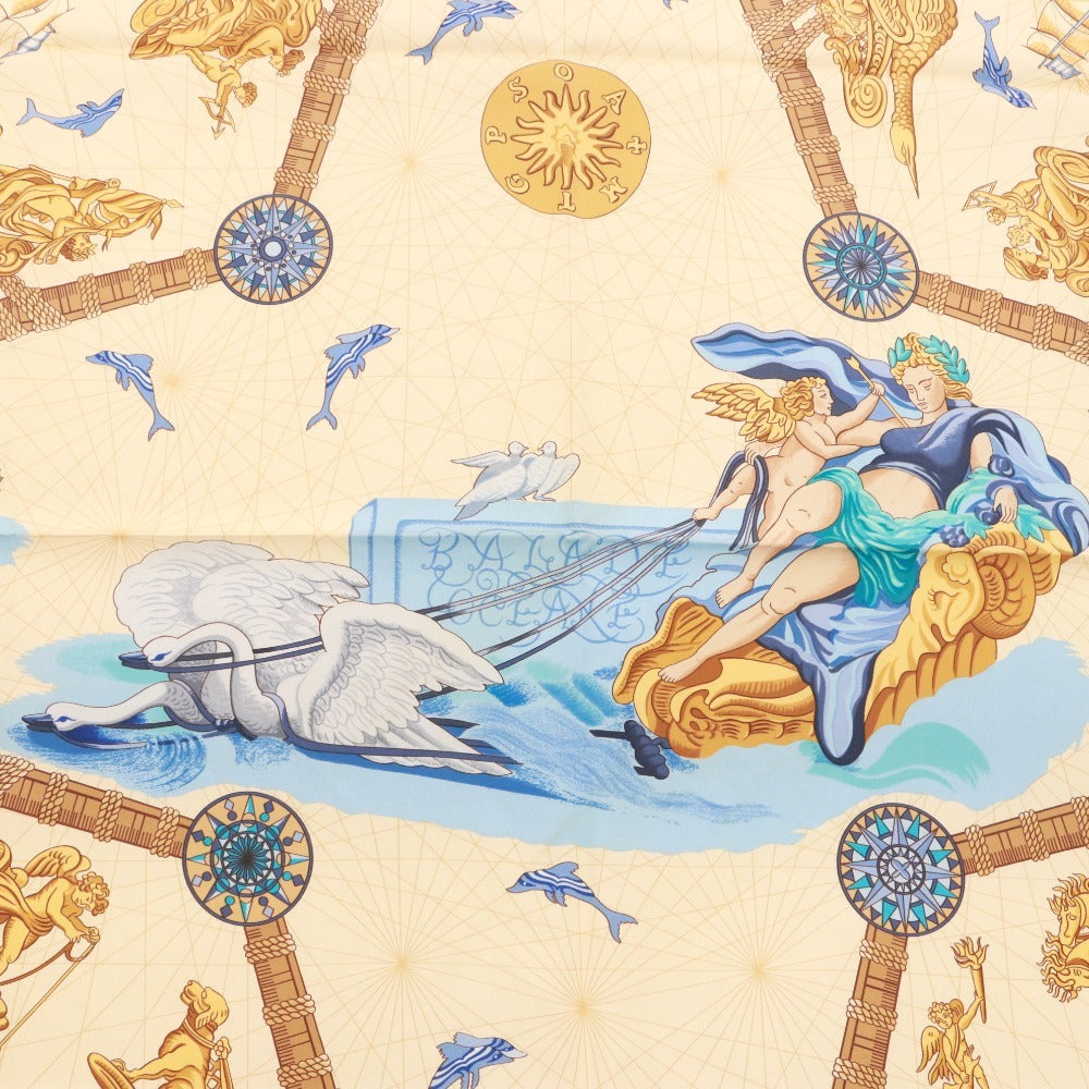 ■ HERMES エルメス スカーフ カレ90 服飾小物 柄 船 天使 シルク レディース 90×90 ベージュ系 未使用