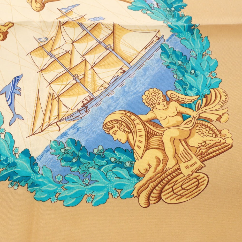 ■ HERMES エルメス スカーフ カレ90 服飾小物 柄 船 天使 シルク レディース 90×90 ベージュ系 未使用