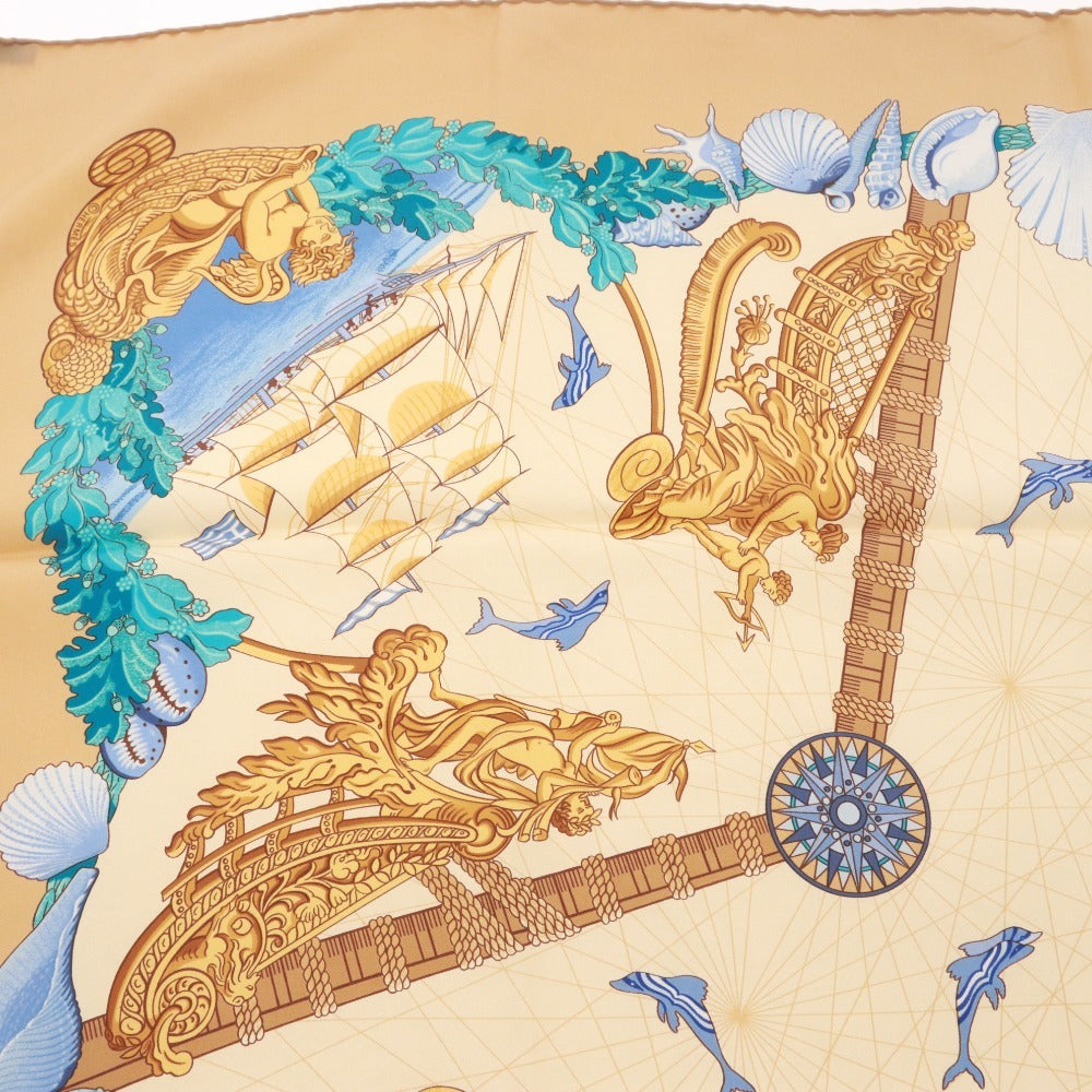■ HERMES エルメス スカーフ カレ90 服飾小物 柄 船 天使 シルク レディース 90×90 ベージュ系 未使用