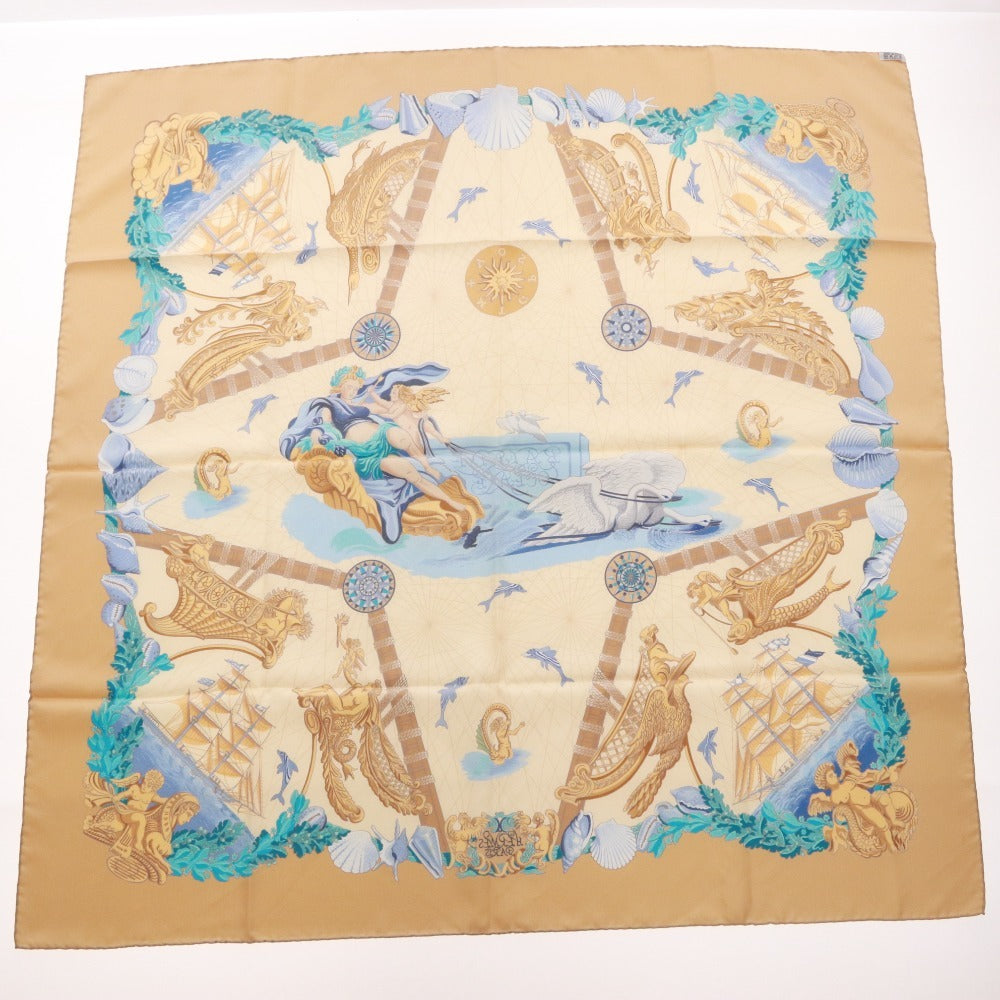 ■ HERMES エルメス スカーフ カレ90 服飾小物 柄 船 天使 シルク レディース 90×90 ベージュ系 未使用