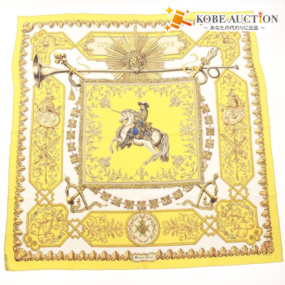 ■ HERMES エルメス スカーフ カレ90 服飾小物 柄 乗馬 シルク レディース 90×90 ライトイエロー系