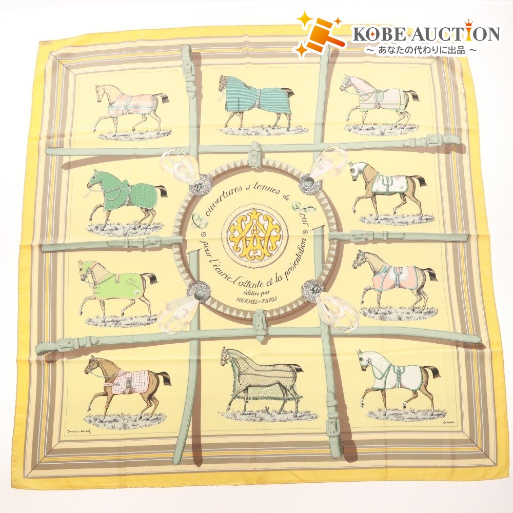 ■ HERMES エルメス スカーフ カレ90 服飾小物 柄 馬 シルク レディース 90×90 ライトイエロー系 オレンジ系