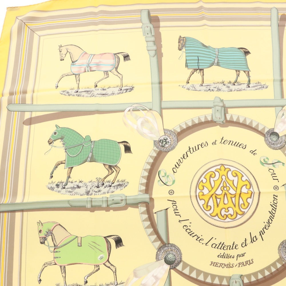 ■ HERMES エルメス スカーフ カレ90 服飾小物 柄 馬 シルク レディース 90×90 ライトイエロー系 オレンジ系