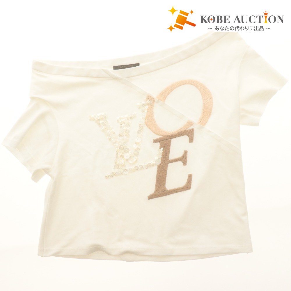 ■ ルイヴィトン LOUIS VUITTON Tシャツ 半袖 トップス オフショルダー ワンショルダー オフショル LOVE 刺繍 レディース M ホワイト系