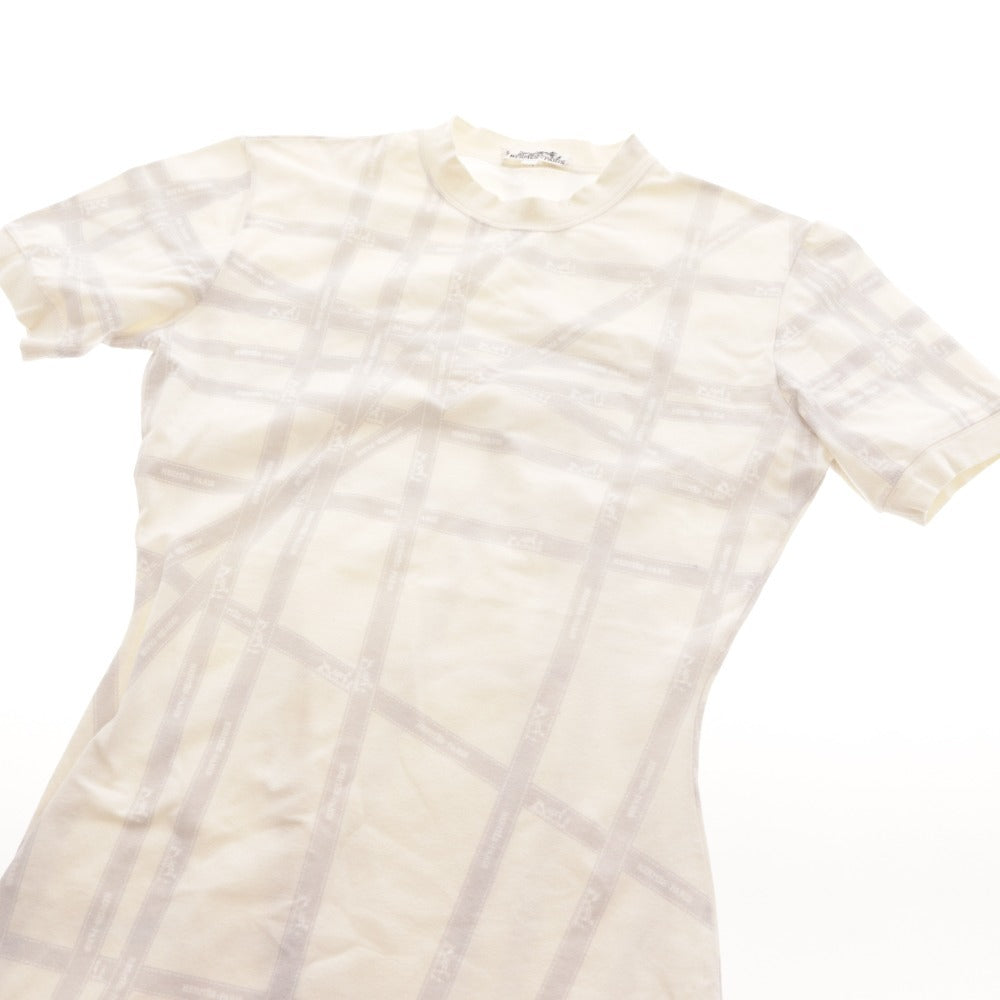 ■ エルメス Tシャツ カットソー 半袖 トップス リボン柄 コットン混 レディース M アイボリー