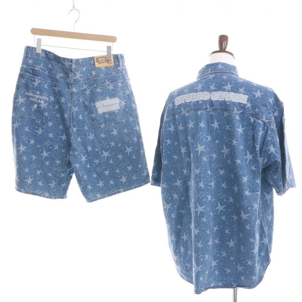 ■ GU x STUDIO SEVEN デニムワークシャツ ショートパンツ セットアップ 半袖トップス アウター ジーンズ メンズ XL タグ付き ブルー系