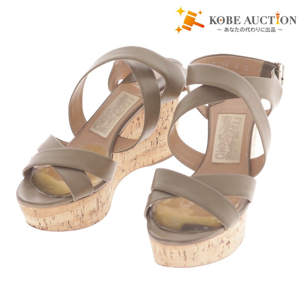 ■ フェラガモ サンダル シューズ 靴 ウェッジソール ストラップ ベルト レディース 6 カーキグレー グリーン 箱付き